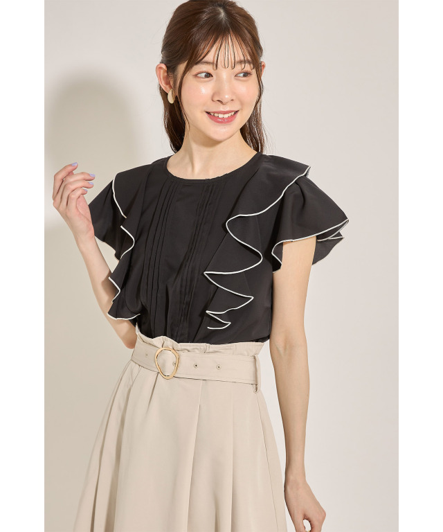 ピンタック×ラッフルフリル配色ブラウス