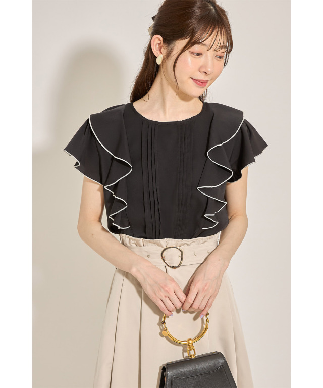 トッコクローゼット tocco closet 配色ラッフルフリル×タックブラウス （サックス） 配色ラッフルフリル×タックブラウス