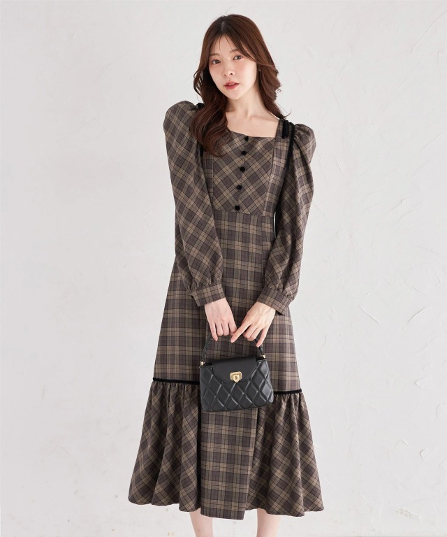 肩ベロアリボン付きチェックワンピース