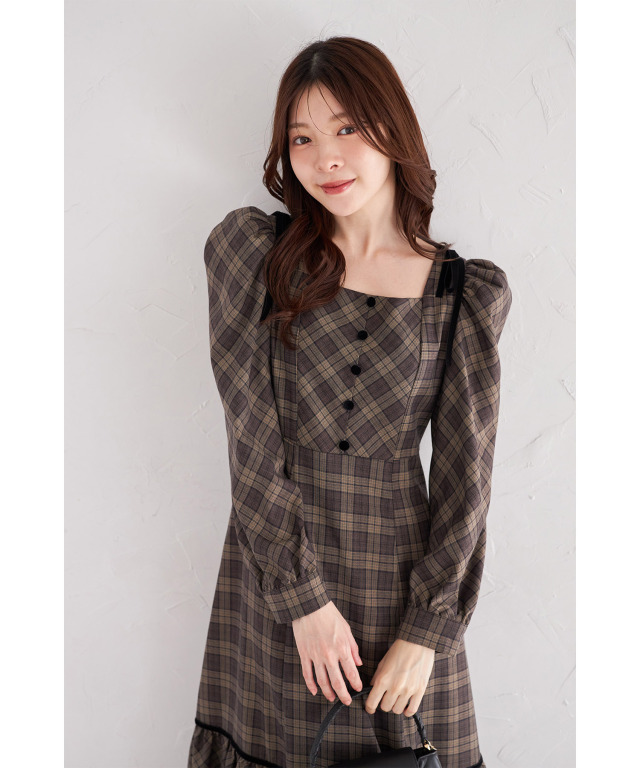 肩ベロアリボン付きチェックワンピース