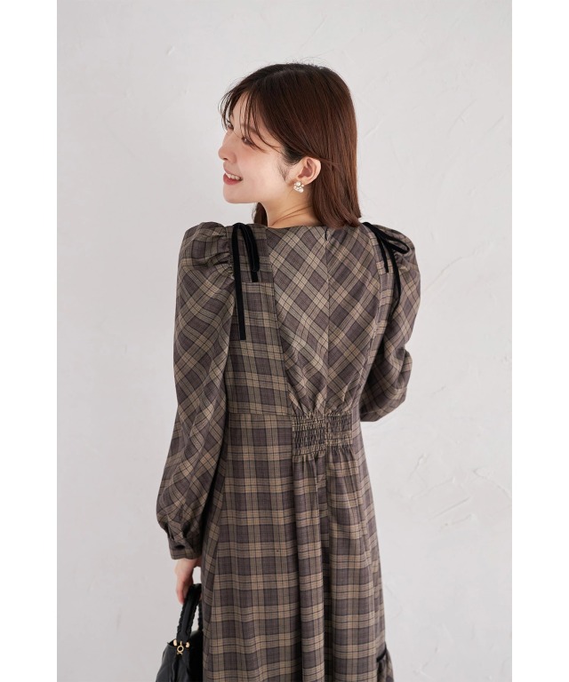 肩ベロアリボン付きチェックワンピース