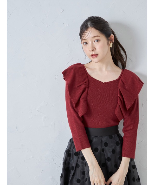 フリル付き七分袖ラメ入りニットプルオーバー