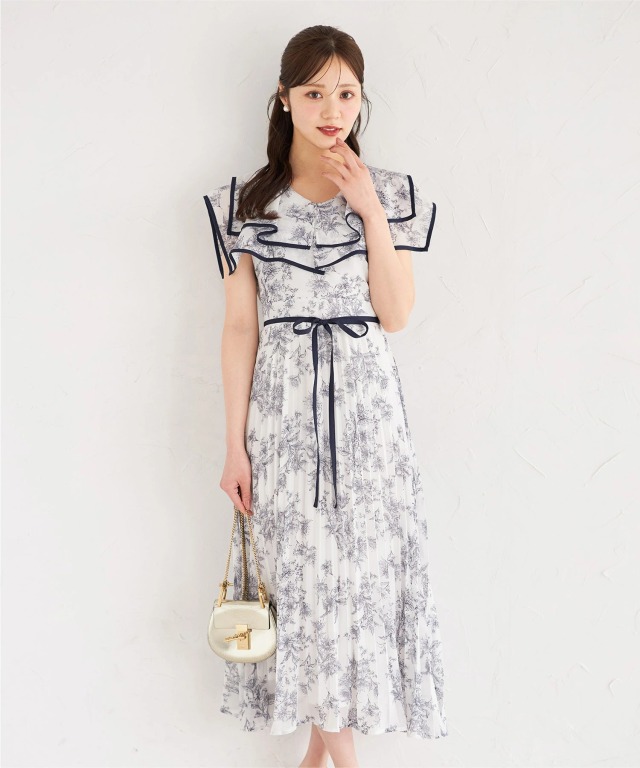 ウエストリボン付きフラワー&ドットアソートプリントビックカラー