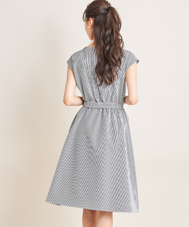 ベルト付きコードレーンストライプフレンチスリーブワンピース