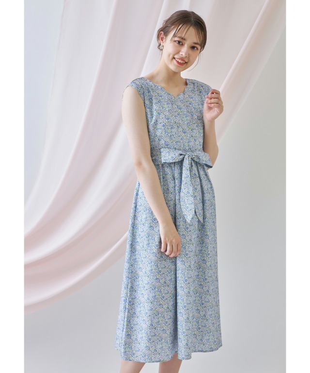 ウエストりぼん付きスカラップカットフラワープリントワンピース