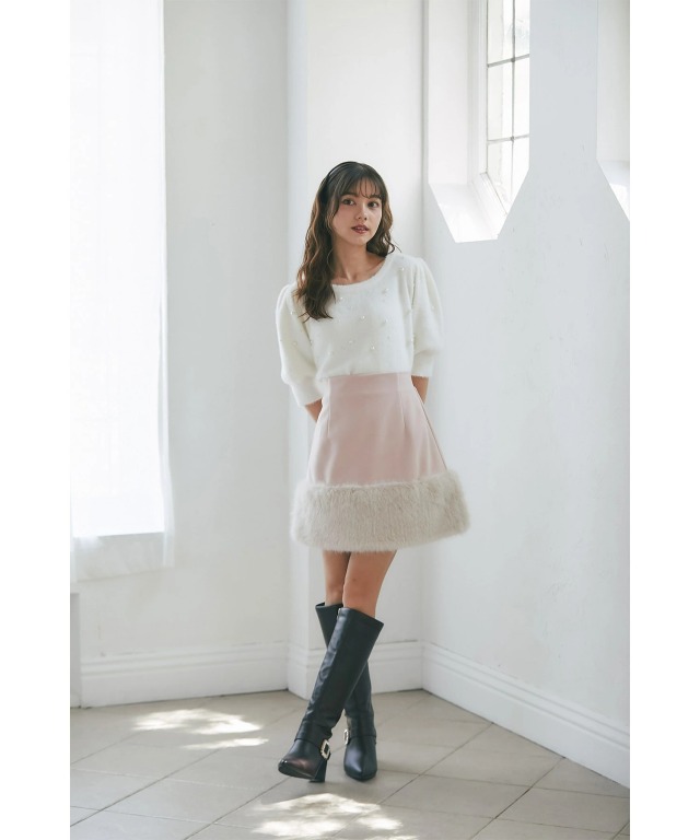 インナーパンツ付き裾ファー切り替えミニスカート