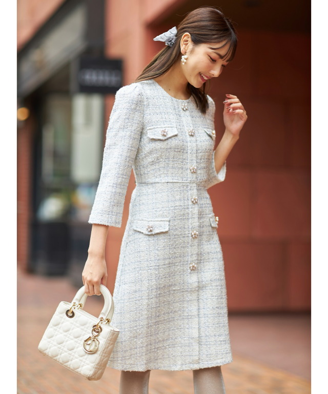 フェイクポケット付きフラワーモチーフ飾り釦ツイードワンピース 