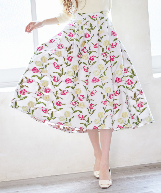 チューリッププリントジャガードタックボリュームフレアスカート 