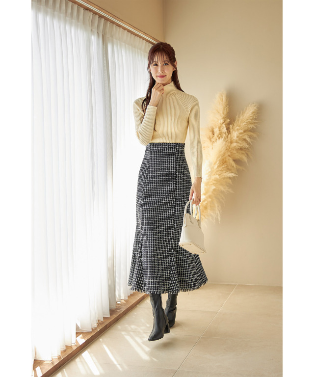 チェック柄裾フリンジツイードマーメイドスカート 