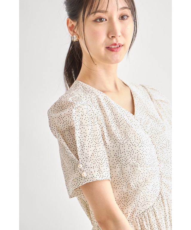 国内発送★Sabo Skirtフローラル柄ストラップレスワンピース(gr) 透明感のあるフラワー刺繍×ドットフレアスリーブシャーリング