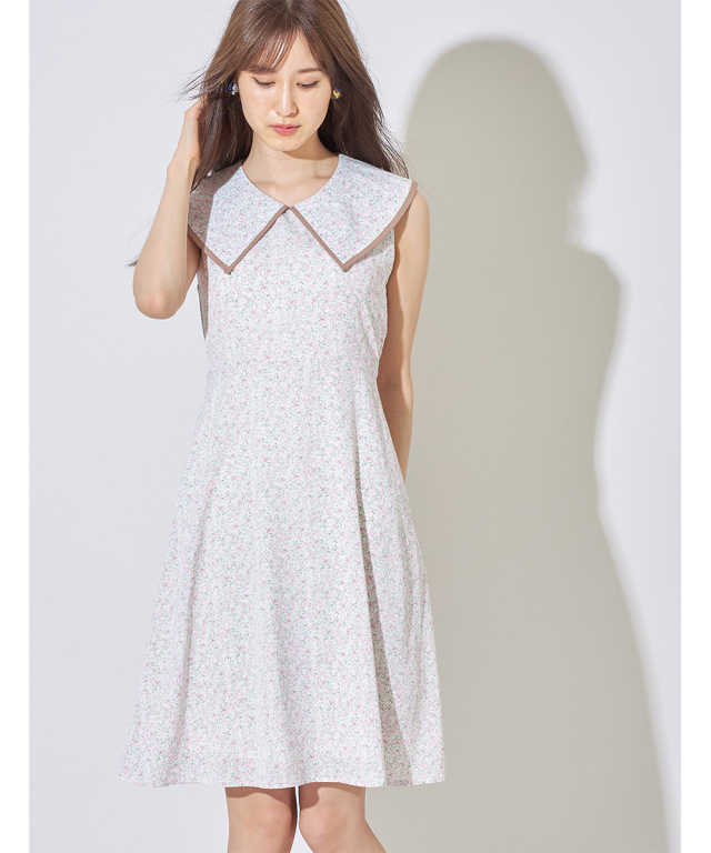 ウエストりぼん付きライン入りショールカラーフラワープリントワンピース