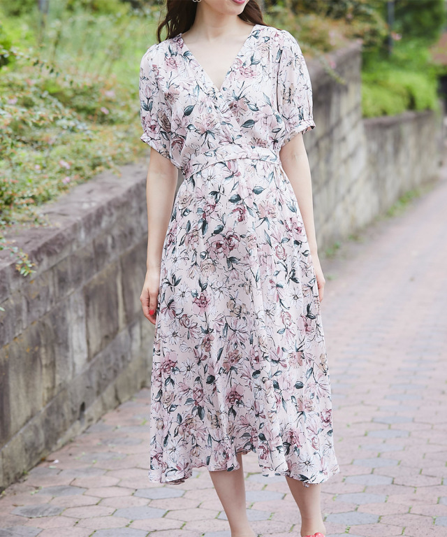 ウエストりぼん付きフラワープリントカシュクールワンピース 