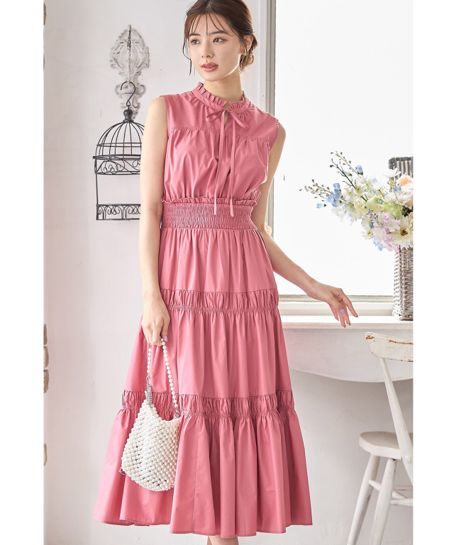 フリル＆リボン付きコットンライクシャーリングワンピース 