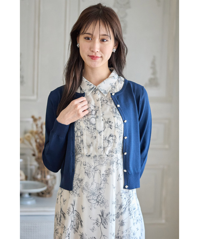 リボンベルト付✨サカイ 異素材ドッキング カーディガン 花柄 フリル 紺 ピンク フラワーデシン プリント ニット カーディガン Prima Scherrer