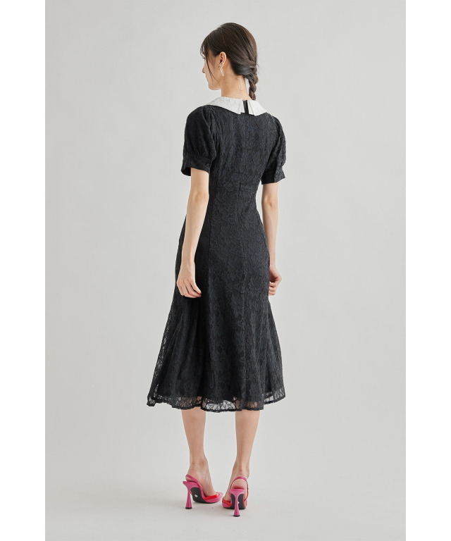 襟付きバイカラー総レースワンピース 