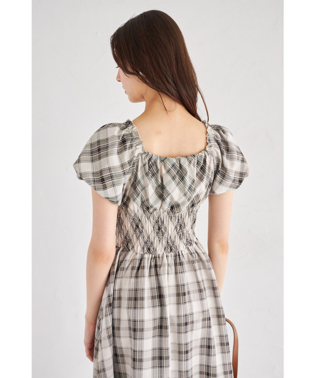 レース＆リボン装飾チェック柄ウエストシャーリングワンピース