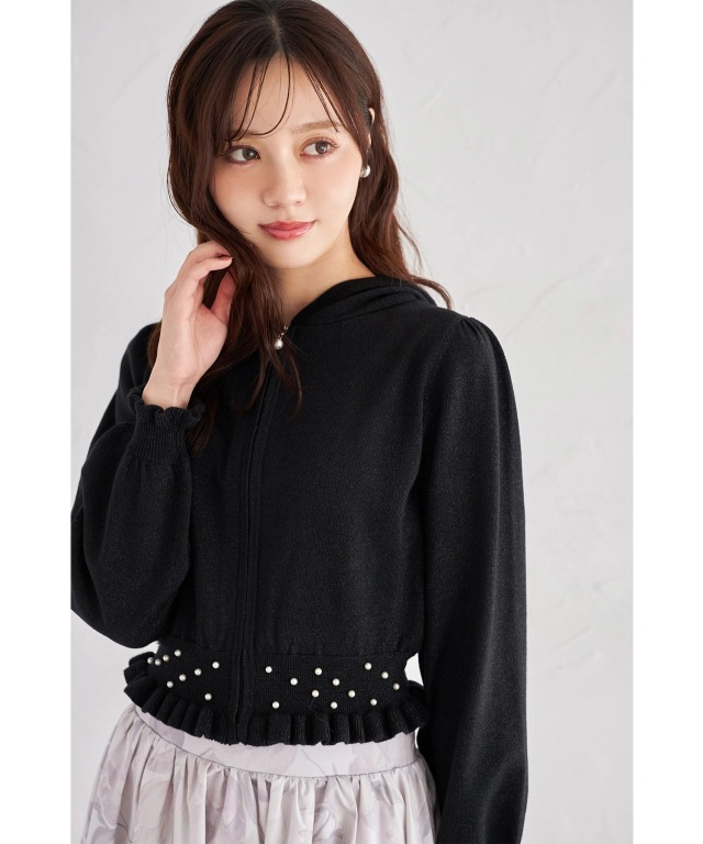 パール＆フリル付きラメ入りニットパーカー