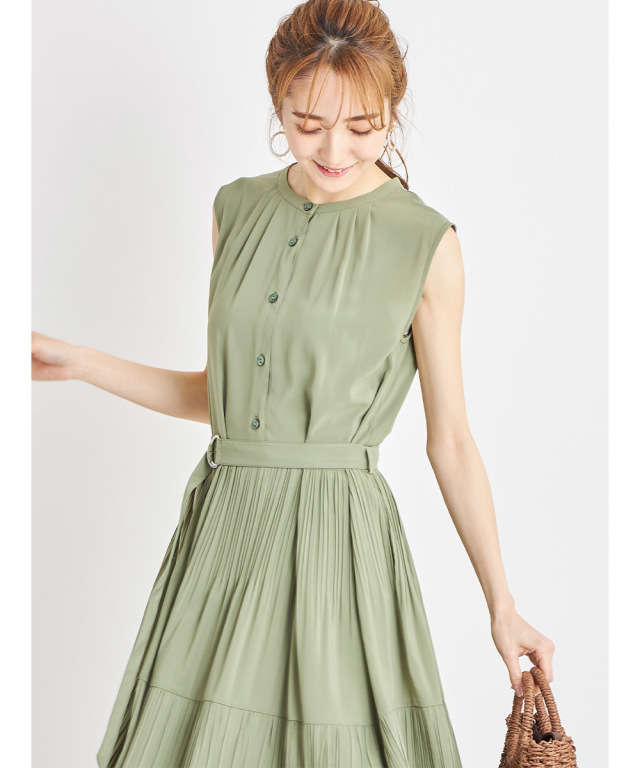 美品 プリーツプリーズ ノースリーブワンピース チュニック ティアード 切替 緑 PLEATS PLEASE プリーツノースリーブ ワンピース チュニック