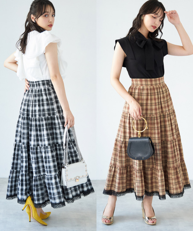裾レース付きチェック柄コットンライクティアードスカート 