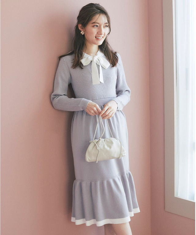 ボウタイりぼんリブニット切り替えバイカラーワンピース