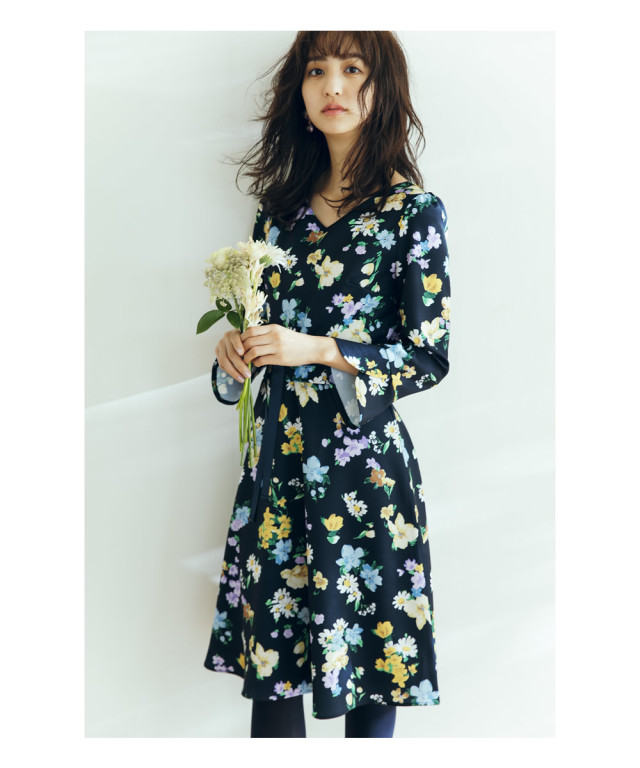 サッシュベルト付き袖フレアフラワープリントワンピース 【sedamy  