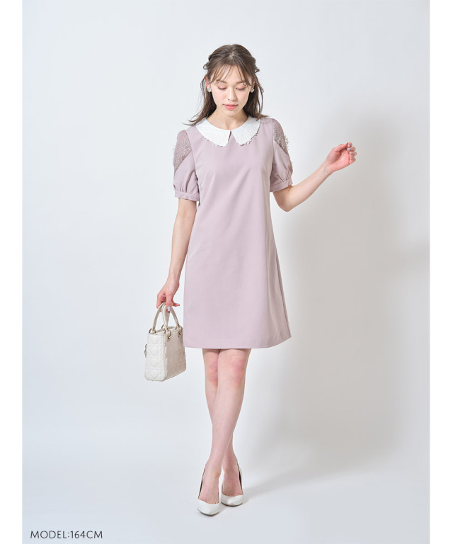 品と愛嬌をトッピング 襟付きレース装飾切り替えスリーブデザインワンピース 品と愛嬌をトッピング 襟付きレース装飾切り替えスリーブデザインワンピース