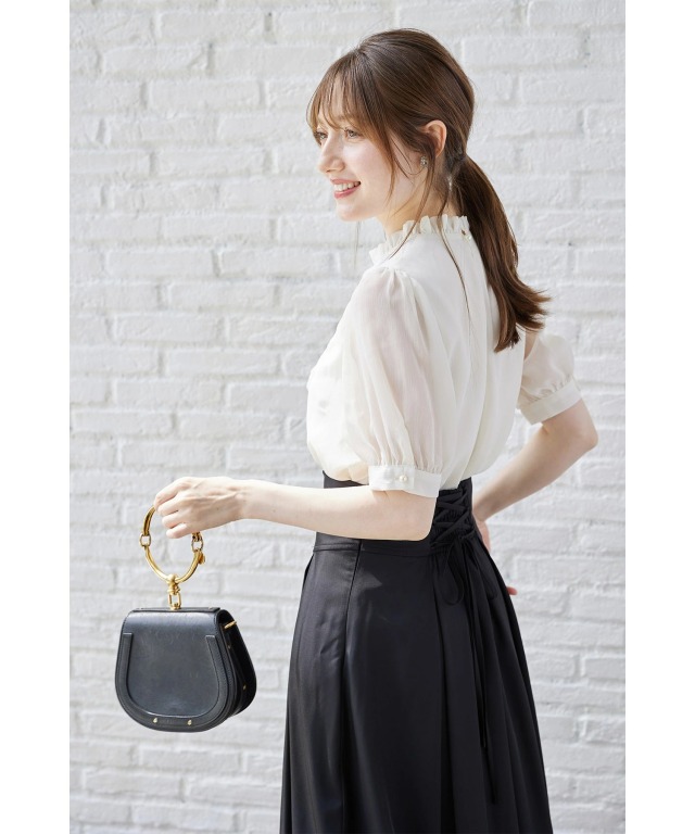 hai ブラウス リボン＆パール付きレース装飾パフスリーブブラウス