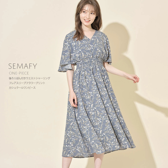 後ろりぼん付きウエストシャーリングフレアスリーブフラワープリントカシュクールワンピース