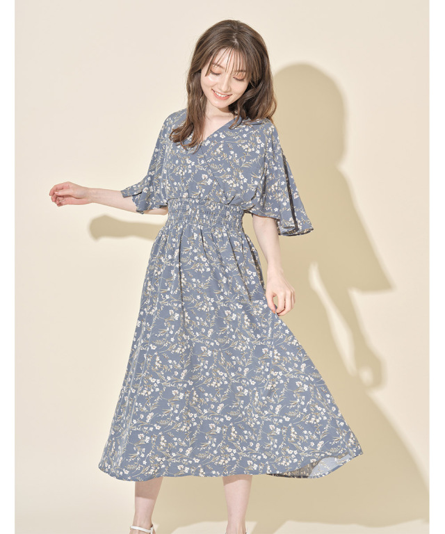 後ろりぼん付きウエストシャーリングフレアスリーブフラワープリントカシュクールワンピース