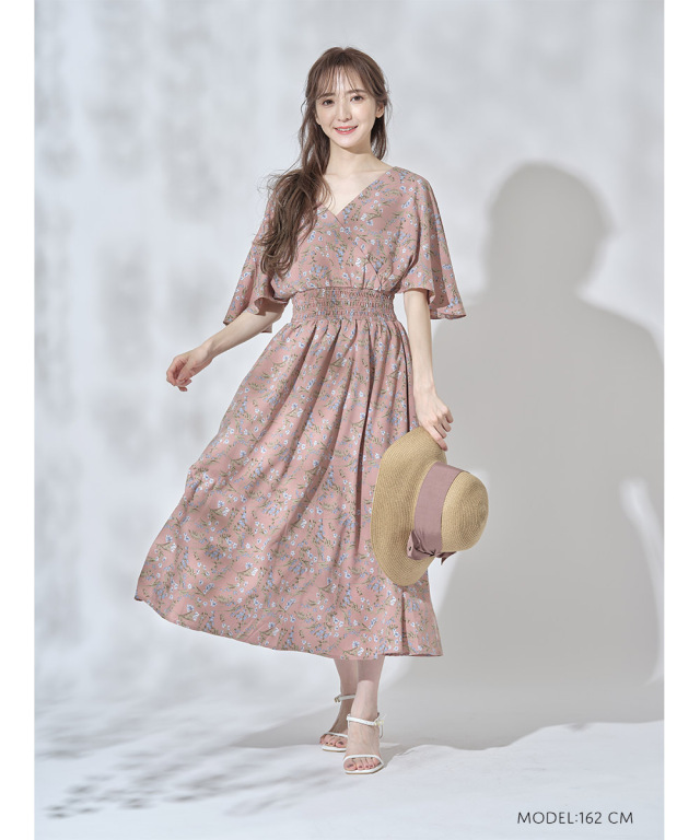 後ろりぼん付きウエストシャーリングフレアスリーブフラワープリントカシュクールワンピース