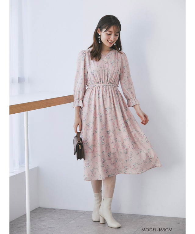 美人見えをお約束 ウエストりぼん付きフラワープリントワンピース Pinks2ayaさんコラボ