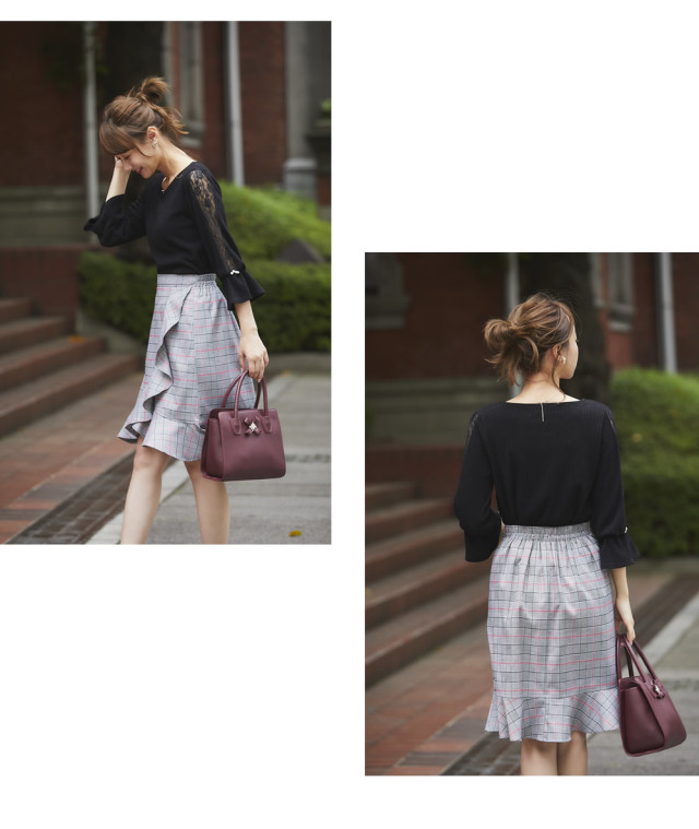 プラダPRADA ウールグレンチェックフレアスカート グレー36 | DC