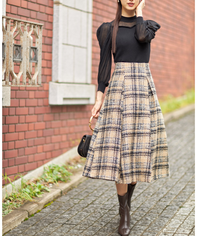 ツイードチェック柄フレアスカート 