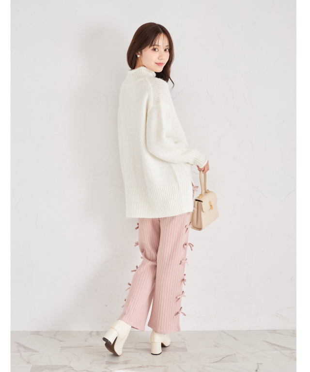 サイドリボン付きスパンコール入りリブニットパンツ