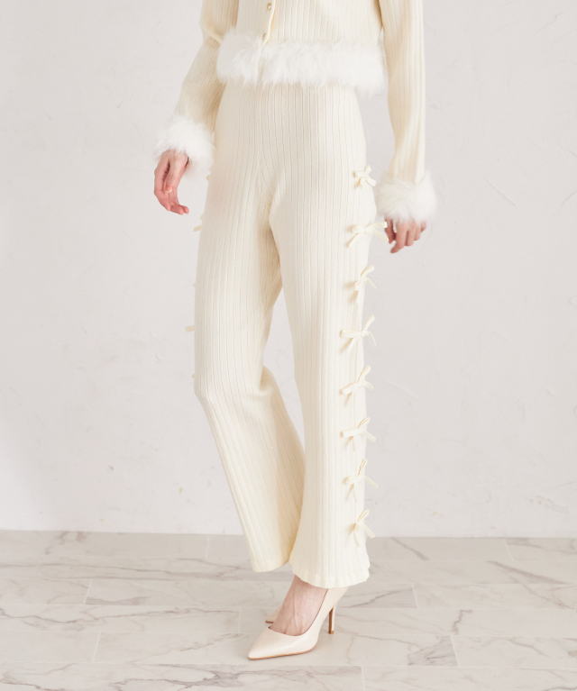 サイドリボン付きスパンコール入りリブニットパンツ