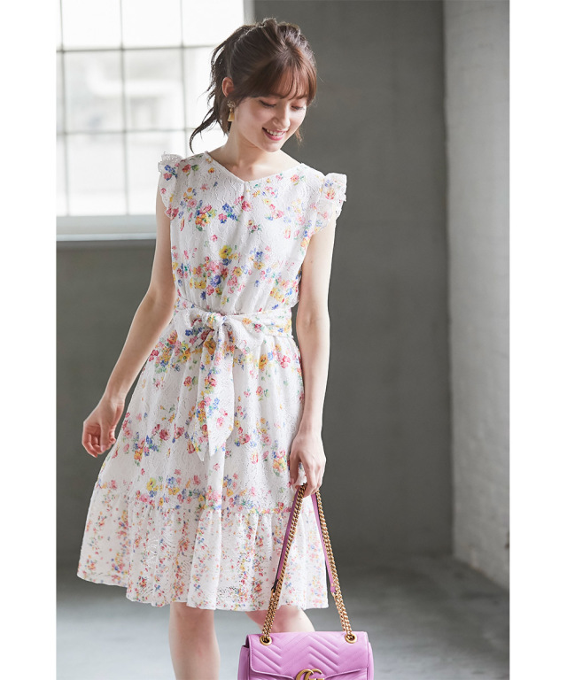 ウエストりぼん付きカラフルフラワープリントレースワンピース 