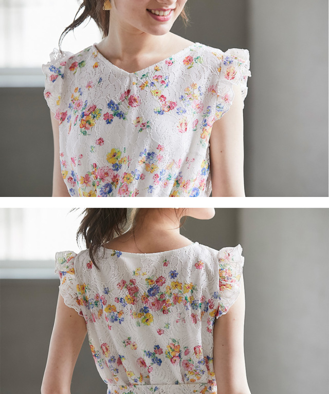 ウエストりぼん付きカラフルフラワープリントレースワンピース 