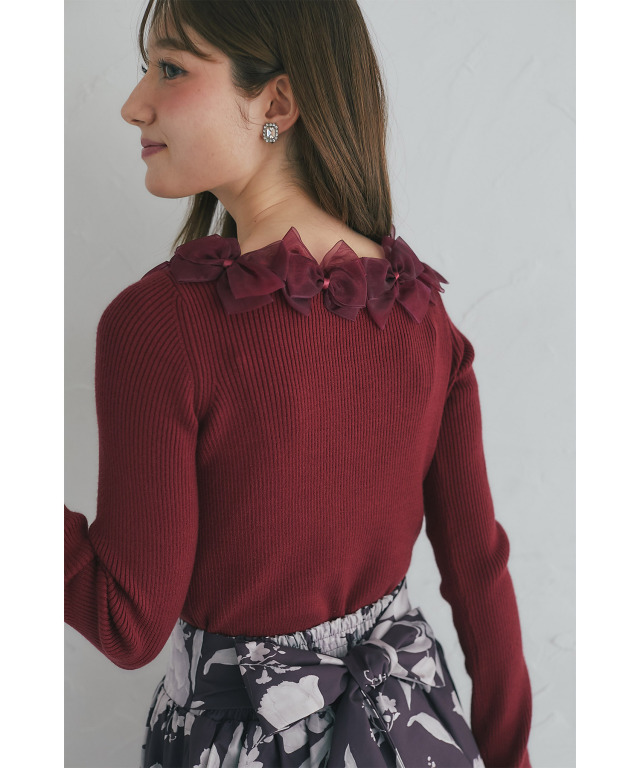 シアーリボン付きリブニットプルオーバー