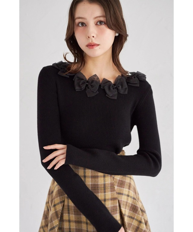 シアーリボン付きリブニットプルオーバー