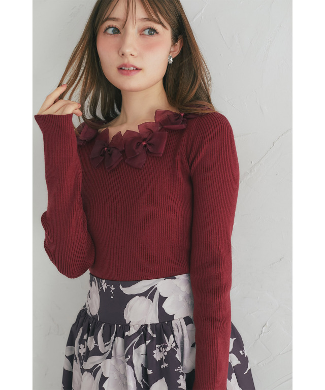 ＊レア＊ 美品 【ブルマリン】 ニットカットソー オフショルダー リボン 長袖 シアーリボン付きリブニットプルオーバー