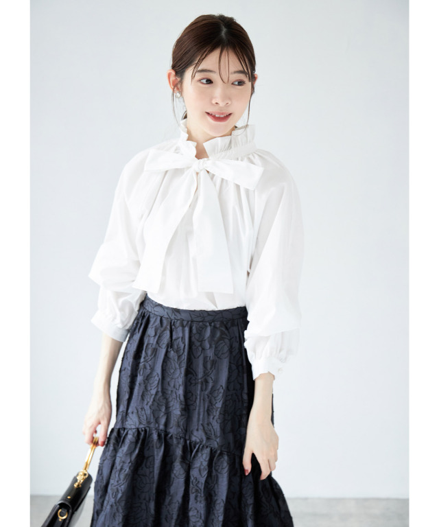 2WAYスリーブフリルネックボウタイリボンブラウス