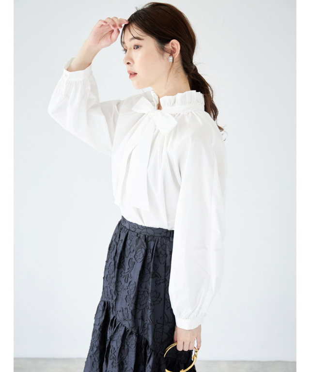 2WAYスリーブフリルネックボウタイリボンブラウス