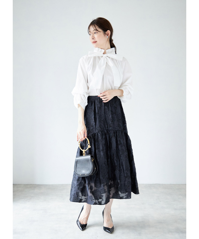 2WAYスリーブフリルネックボウタイリボンブラウス