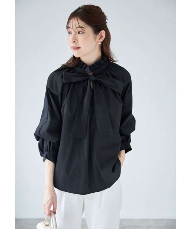 12closet ブラックリボンブラウス 2WAYスリーブフリルネックボウタイリボンブラウス