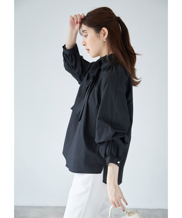 2WAYスリーブフリルネックボウタイリボンブラウス