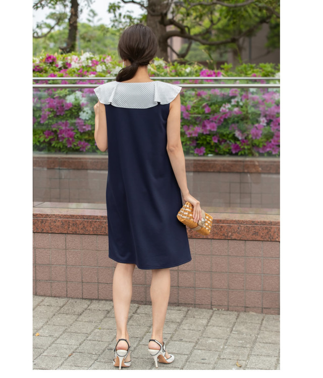レトロが薫るドット柄ラッフルカラーポンチワンピース 【shelon 