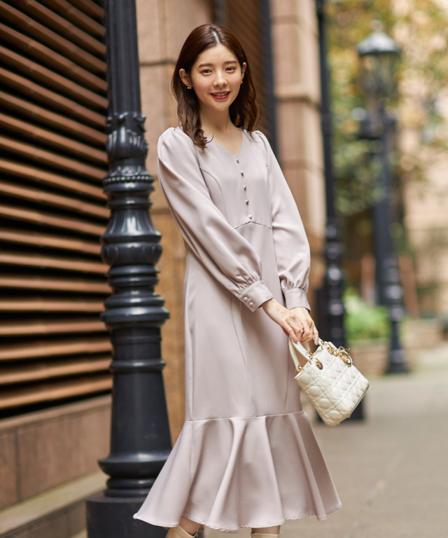 2WAYリボン×フリルケープ付き配色マーメイドワンピース 