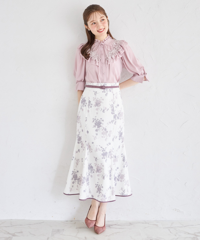 ベルト付きシャドーフラワーマーメイドスカート
