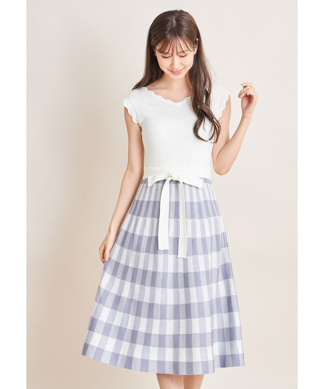 ウエストりぼん付きギンガムチェック切替ジャガードニットワンピース ウエストりぼん付きギンガムチェック切替ジャガードニットワンピース