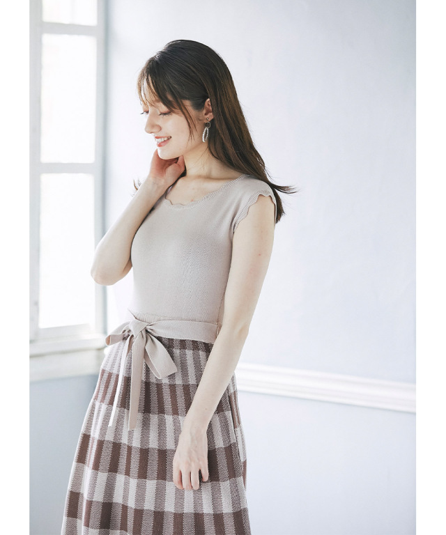 ウエストりぼん付きギンガムチェック切替ジャガードニットワンピース 